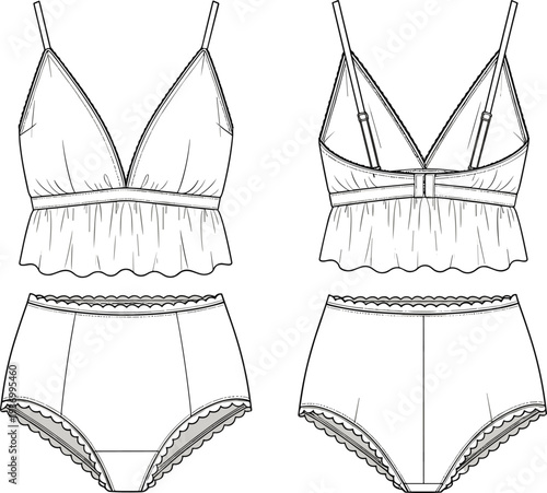 Women’s lingerie set, bralette top, high‑waisted panties, lace trim, fashion illustration, technical sketch, garment construction, apparel design, clothing template