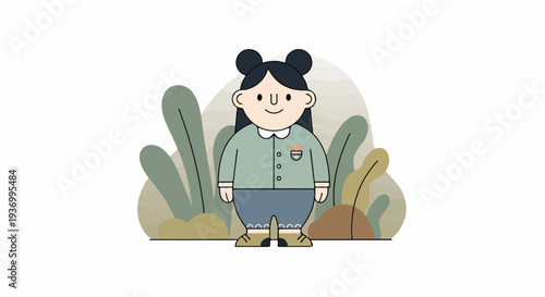 A stylized, plump cartoon girl with dark hair in buns, wearing a light green collared shirt and blue pants, stands amidst abstract foliage