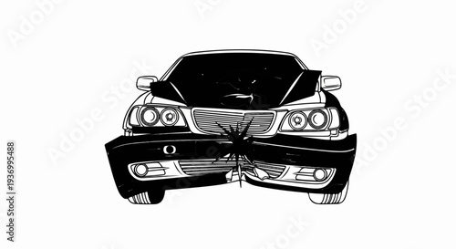 Damaged car with crumpled front, open hood, and shattered grille