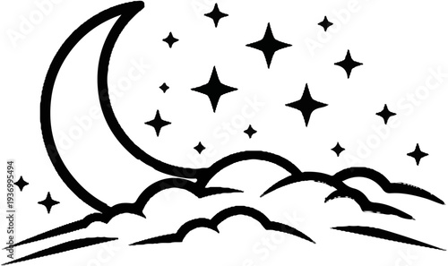 Crescent moon, stars twinkle above stylized, fluffy clouds at night