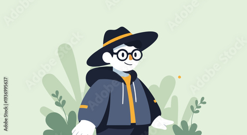 Stylized character in a hat and jacket stands amidst abstract foliage