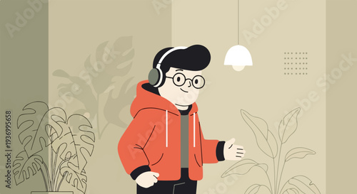 Cheerful young person in headphones and orange hoodie, gesturing welcomingly indoors with plants