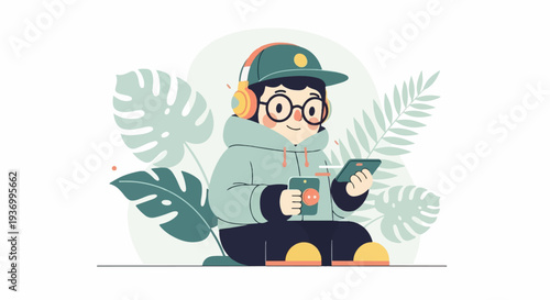 A person with headphones and glasses holds two smartphones while seated amidst lush green leaves
