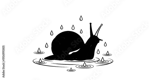 Black snail silhouette with raindrops falling into puddles on white background