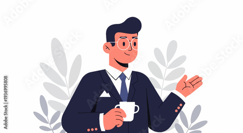A smiling person in a suit holds a cup while gesturing, surrounded by stylized leaves