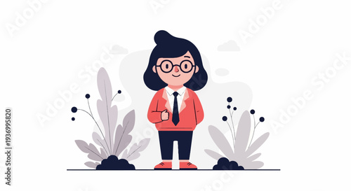 A stylized cartoon person in a suit stands amidst abstract foliage and soft clouds