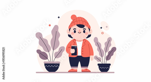 A cheerful cartoon child in winter attire, holding a smartphone and standing between two potted plants