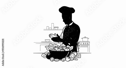 Chef in a black uniform prepares a large bowl of fresh salad ingredients