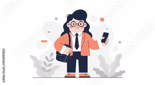 A stylized woman in business attire holds a phone, with abstract shapes and plants