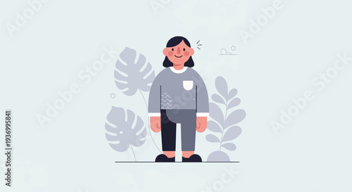 Flat cartoon illustration of a smiling person with dark hair, wearing a grey sweater and pants, standing amidst tropical foliage