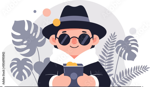 Character in hat and sunglasses holding a wallet with coins, surrounded by stylized plants