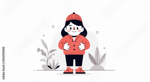 A stylized illustration of a child in a red hat and jacket, giving a thumbs up
