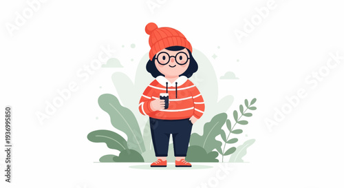 Chubby character in orange beanie and striped hoodie with drink, surrounded by stylized green foliage
