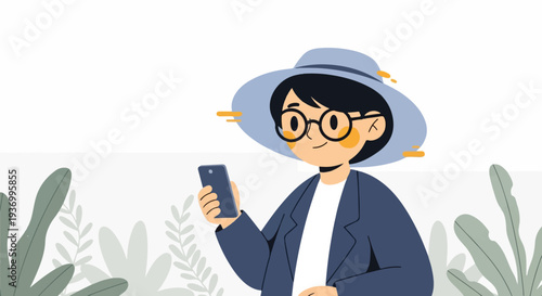 Stylized person in hat and glasses gazes at phone amidst lush foliage