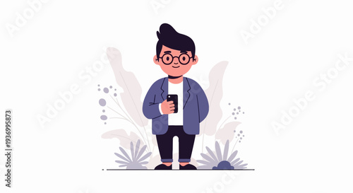 Stylized person with glasses and blue blazer holding phone amidst botanical elements
