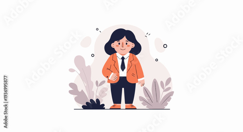 Cheerful person in an orange blazer and tie stands amidst abstract foliage