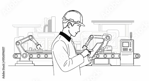 Factory worker overseeing automated robotic assembly line on tablet