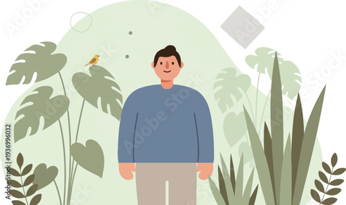 Person standing among lush green plants, a small bird perched nearby