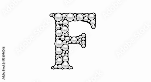 Letter F formed with a multitude of white pearls on a black outline