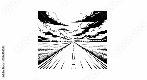 Dramatic clouds loom over an endless, straight road through fields