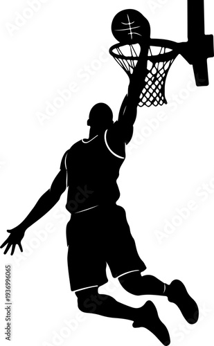 Vector silhouette of basketball player dunking ball