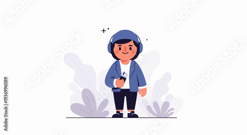 Character with headphones and phone, surrounded by plants