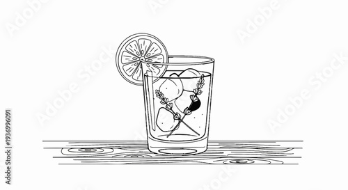 Line art illustration of a refreshing drink with ice, lemon, and herbs on a wooden surface