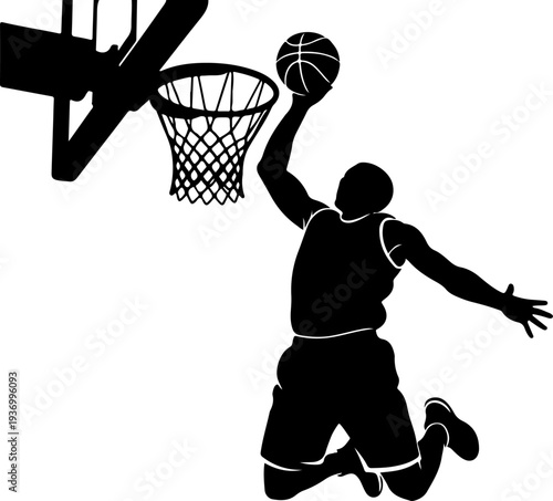 Black silhouette of basketball player dunking ball vector