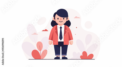 Flat illustration of a woman in a red blazer, dark blue pants, white shirt, and tie