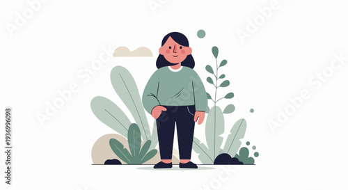 A person stands calmly amidst an abstract arrangement of flora and organic shapes