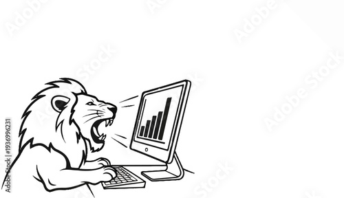 Fierce lion at computer screen, roaring at rising bar graph