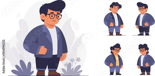 Four characters with glasses, each wearing a blue jacket and pants
