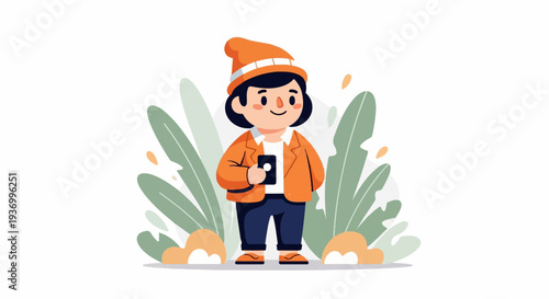 A cheerful cartoon character with dark hair, orange hat, jacket, and blue pants holds a phone