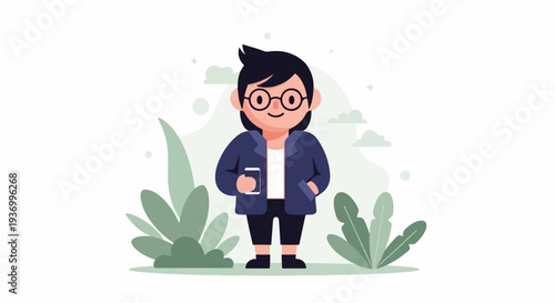 Person with glasses and phone in hand amidst green foliage