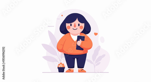 A cheerful person in an orange sweater and dark pants holds a tablet, with plants and hearts