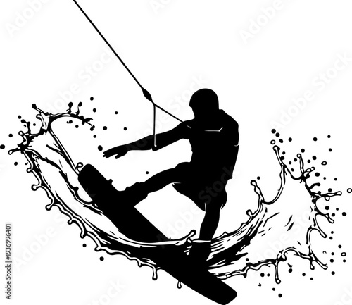 Vector silhouette of man wakeboarding with splash