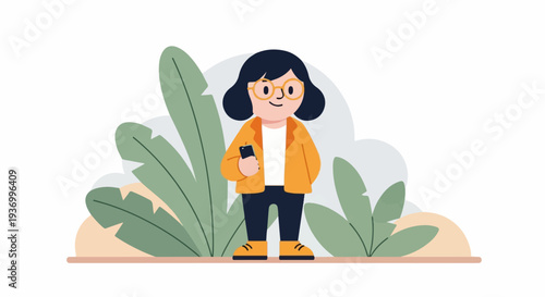 Animated young person with dark hair, glasses, holding a smartphone, with plants