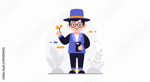 Stylized man with glasses, hat, and phone, holding a small plant