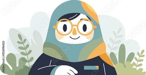 A cheerful, bespectacled person in a headscarf and dark attire, surrounded by lush green foliage