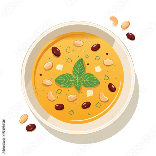 Vegetable soup in a bowl with beans and basil illustration