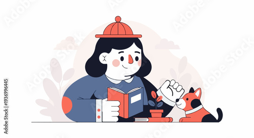 A child in a hat reads a book, with a small dog and a potted plant nearby