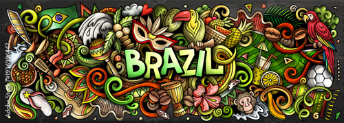 Brazil vector illustration with carnival, Amazon jungle, football, beaches, coffee and cultural icons. Ideal for travel, tourism, nature and adventure themes