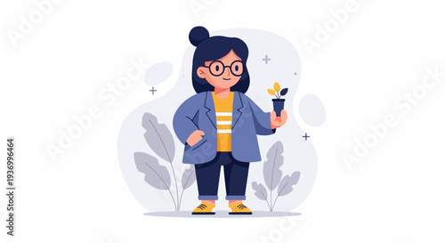 Cheerful person in glasses holds a potted plant with green and yellow leaves