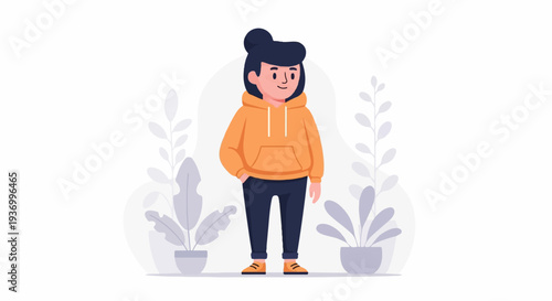 A person in an orange hoodie and dark pants stands between two potted plants