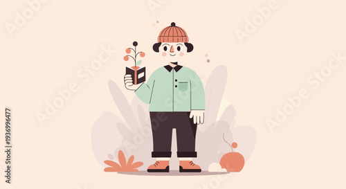 A cheerful person in a beanie holds a small plant growing from an open book