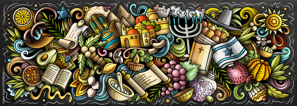 Fototapeta premium Colorful Israel vector illustration with landmarks, traditions, religion, food and nature. Perfect for travel, culture, history and tourism design projects