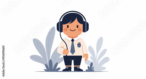A cute cartoon character with headphones and tie, surrounded by abstract plants