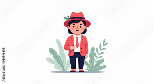 A smiling person in a coral suit, white shirt, and tie, wearing a coral hat, stands among green plants