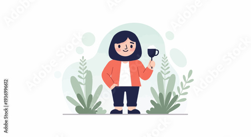 A cheerful person with dark hair, wearing an orange jacket and dark pants, holds a mug with foam