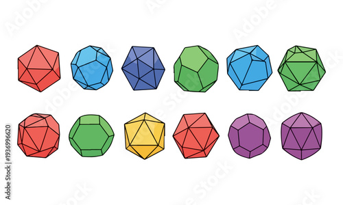 Set of Twelve Colorful Polyhedral Geometric Shapes on White